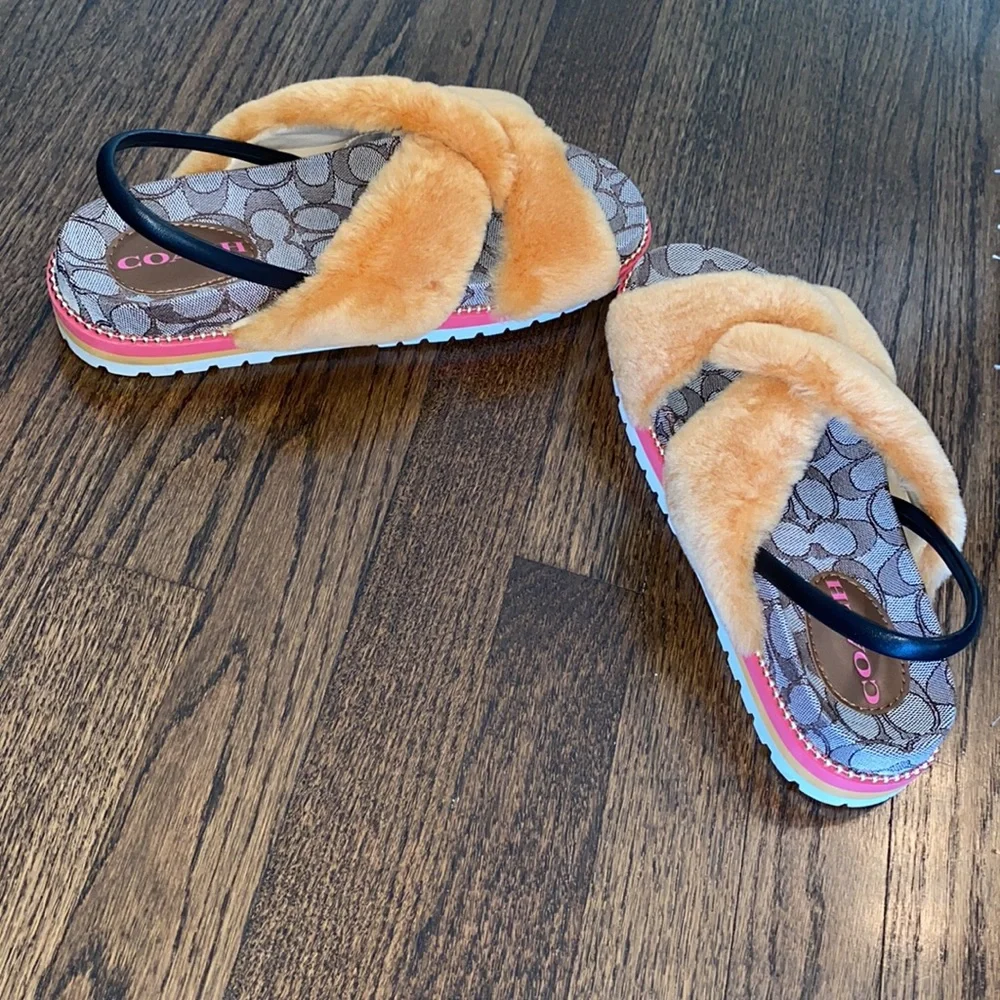 Coach Shearling Signature Tally Sandal With Leather Strap Size 9B - Picture 7 of 10